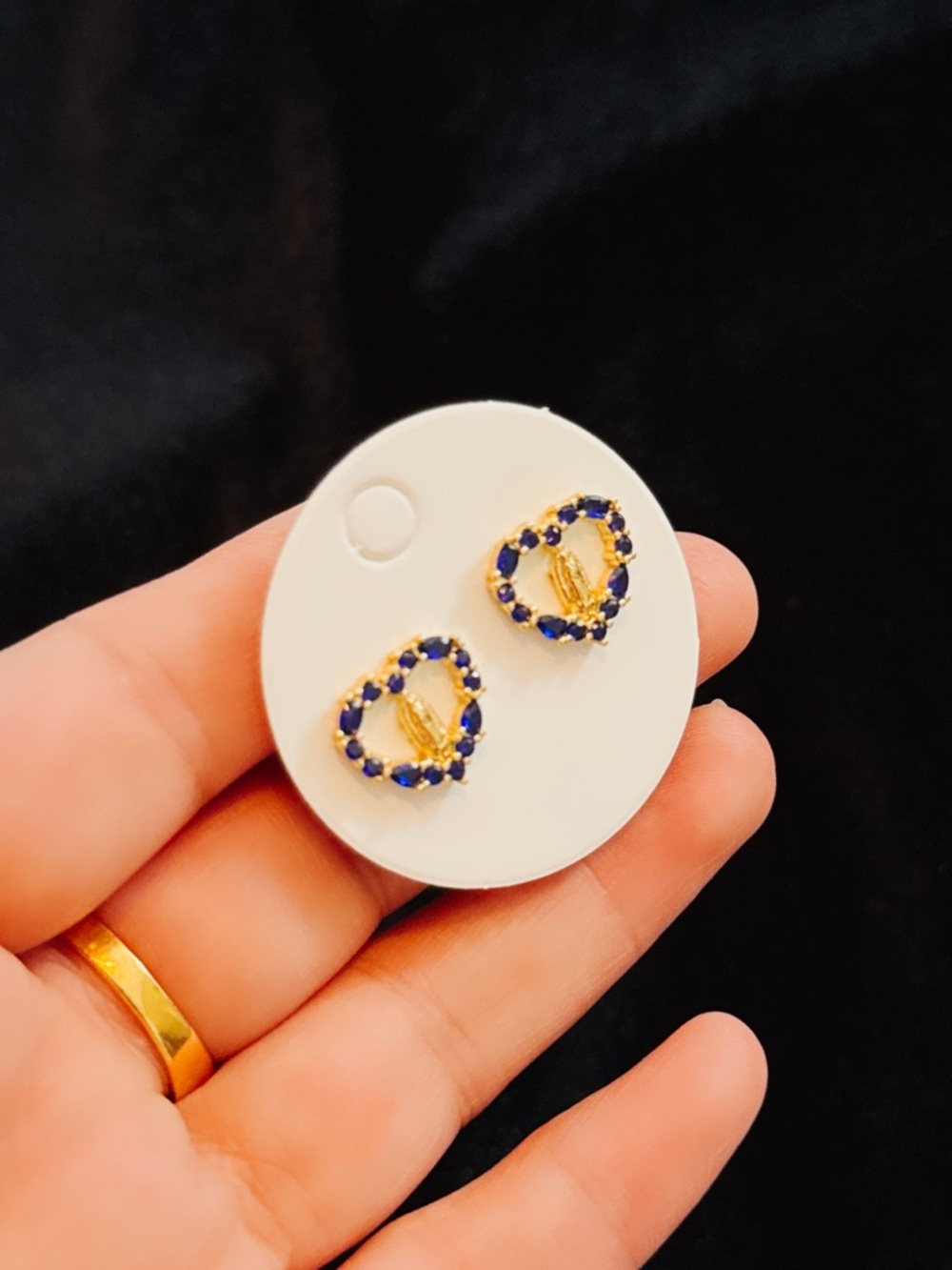 Premium Gold Heart Stud Earrings with Blue Stones - Women Jewelry